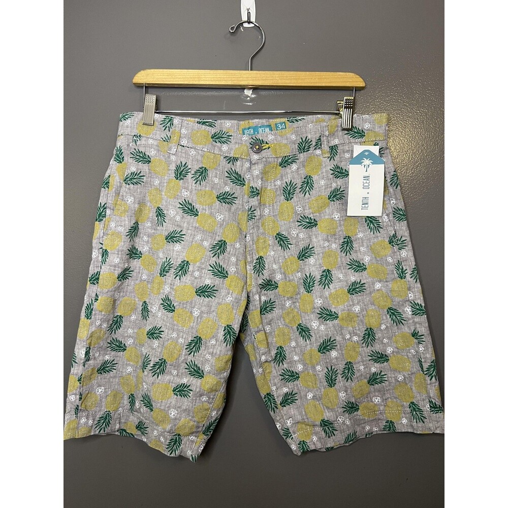 Tenth + Ocean Shorts Mens 34 Gray Pineapple Linen Chino Beach Tropical New